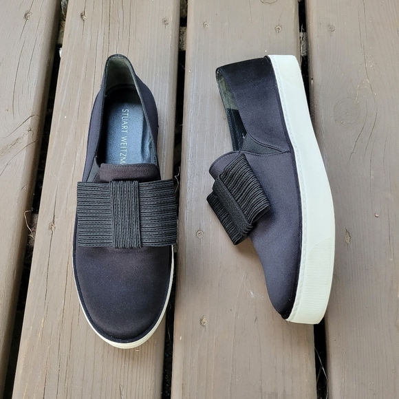 Stuart Weitzman Black Satin Bowgal Bow Slip-on Platform Sneakers Woman's 9.5 - Picture 2 of 9